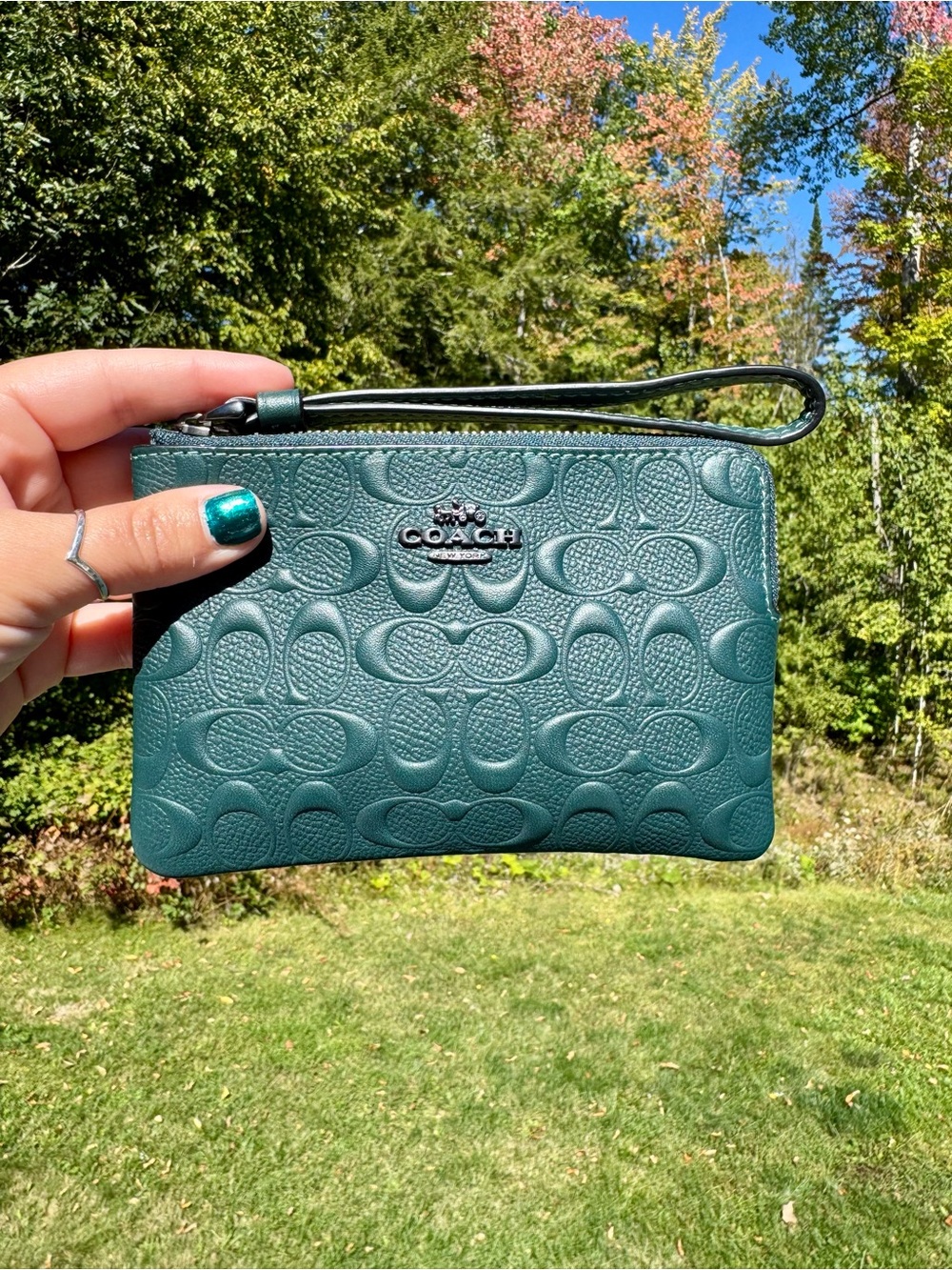Coach Forest Green Signature Embossed Leather Wristlet